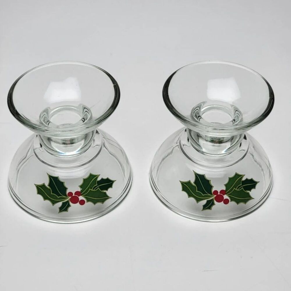 Vintage 1981 Avon Holiday Hostess Collection Glass Candle Holders Holly Set of 2